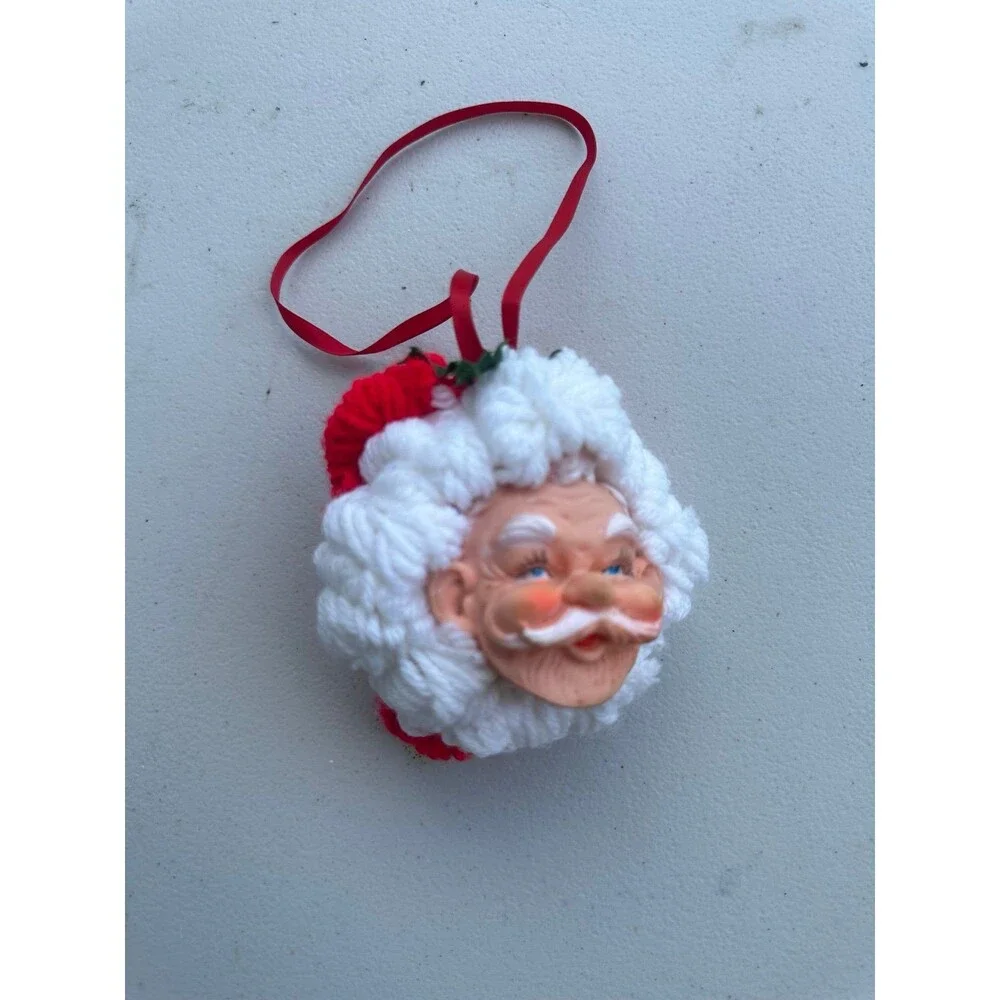 Vintage Mid Century Crochet Handmade Santa Ball Door Hanger Retro Rubber Face